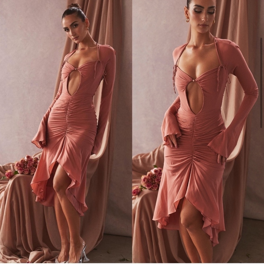 HOUSE OF CB 'Reine' Rose Real Silk Ruffle Midi Dress NWT - Picture 4 of 14